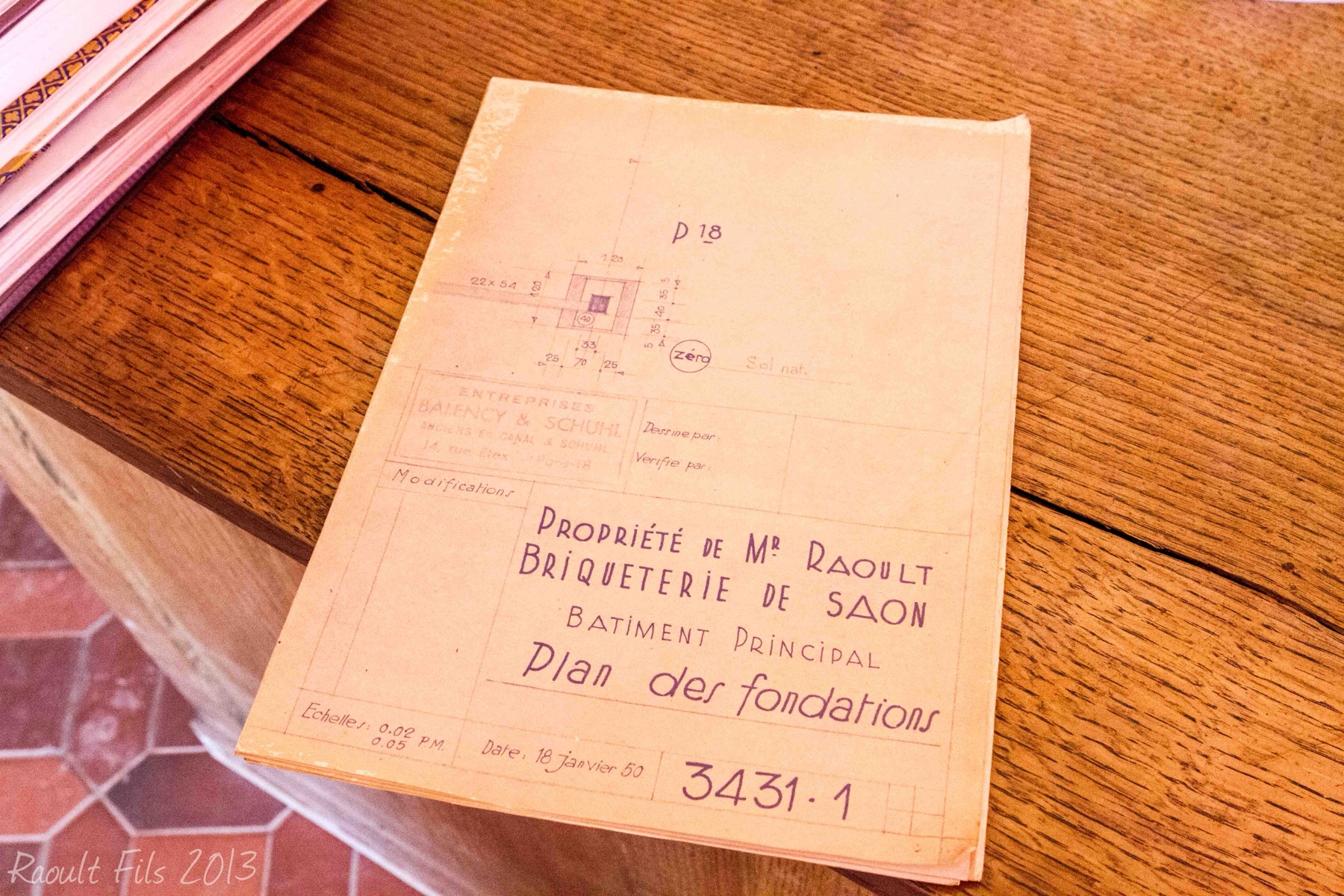 Plan des fondations du bâtiment principal de la briqueterie de Saon daté du 18 janvier 1950