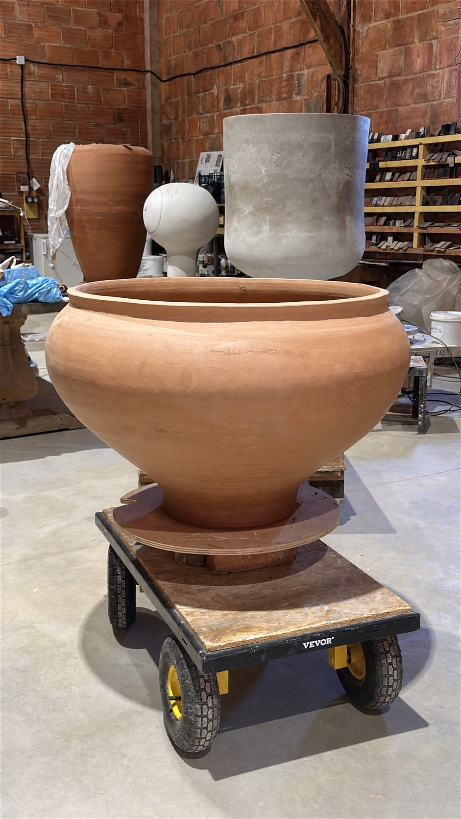 Large unfired piece made with GE133CHF fine-grog Noron stoneware in the workshop