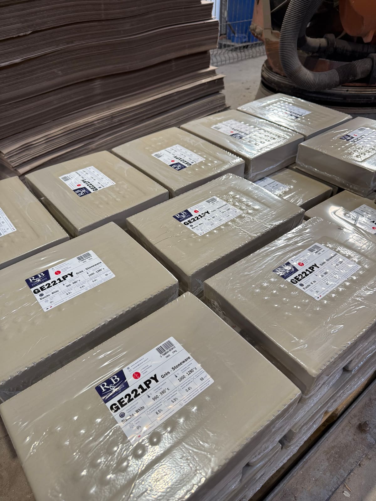 Paquets de Grès Blanc Pyrité GE221PY dans l’atelier de Saon